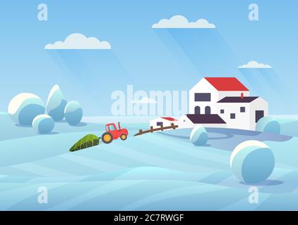 Snowy winter landscape flat vector illustration. Countryside house and snow fields. Tractor transporting fir tree to townhouse. Xmas modern home building. Christmas cottage cartoon composition Stock Vector