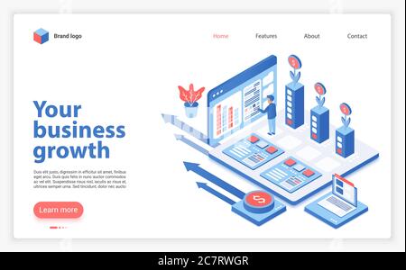 Your business growth landing page vector template. Successful entrepreneurship website homepage interface layout with isometric illustration. Startup support program web banner, webpage 3D concept Stock Vector