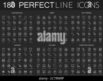 180 modern thin line icons set on dark black background. Household, baby, pet friend, garden, kitchen, home appliances Stock Vector