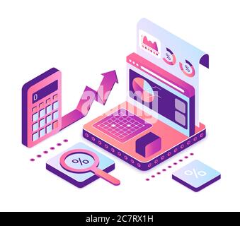 Accounting and audit isometric vector illustration. Profit growth calculations. Budget report visualization. Capital increase. Bookkeeping and business. Banking cartoon conceptual design element Stock Vector