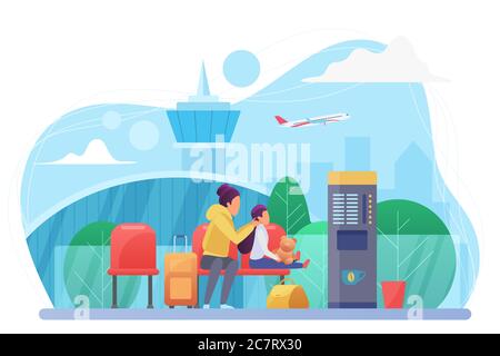 Mother and child in airport flat vector illustration. Passengers with suitcases cartoon characters. Travelers with baggage in waiting hall. People before flight in departure lounge Stock Vector