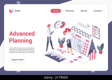 Advanced planning landing page vector template. Management website interface idea with flat illustrations. Work optimization homepage layout. Teamwork web banner, webpage isometric cartoon concept Stock Vector