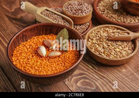 Different raw lentils on table Stock Photo