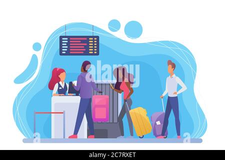 Check in in airport flat vector illustration. African american and european tourists with suitcases cartoon characters. Travelers with baggage going to vacation. Passengers registration for flight Stock Vector