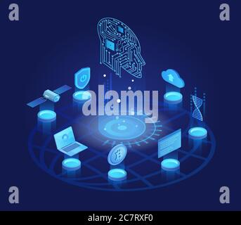 Artificial intelligence dark isometric vector illustration. Digital technology and robotic mind. Computer science. Cyberspace networking. Machine learning. AI cartoon conceptual design element Stock Vector