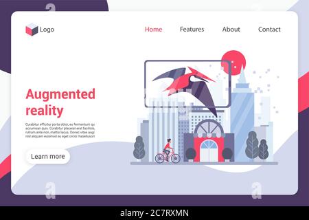 Augmented reality landing page vector template. Game experience website interface idea with flat illustrations. Interactive media homepage layout. Digital world web banner, webpage cartoon concept Stock Vector