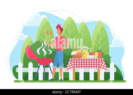 BBQ in the courtyard flat vector illustration. Barbecue on backyard. Grill party. Roasting steak outside. Barbeque in residential neighborhood. Serving picnic. Male cook cartoon characters Stock Vector