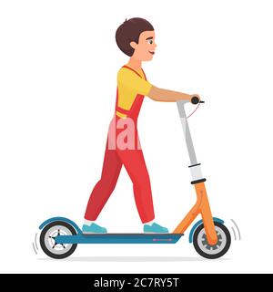 Boy riding electric scooter flat vector illustration. Ccartoon character on eco friendly urban vehicle. Kid using modern personal transporter. Teenager on kickboard isolated on white background Stock Vector