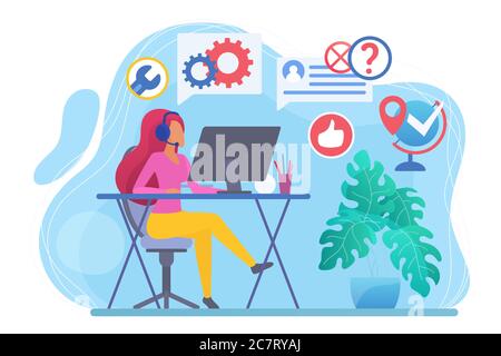 Call center flat vector illustration. Telephone consultant at workplace. Woman in headphones in office. Online technical support. Phone operator faceless character. Customer service concept Stock Vector