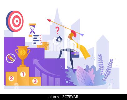 Business strategy flat vector illustration. Reaching economy goals. Climbing corporate ladder. Advancement and progress. Targeting and marketing. Enterpreneur. Businessman cartoon character Stock Vector