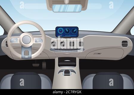 Luxurious beige car interior vector illustration. Dashboard and windshield view from front seats. Control panel and steering wheel in modern automobile. Realistic inside look of high class vehicle Stock Vector