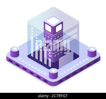 Blockchain technology isometric vector illustration. Innovative electronic computer tech. Database for information. Virtual platform. Server hardware. Datacenter cartoon conceptual design element Stock Vector