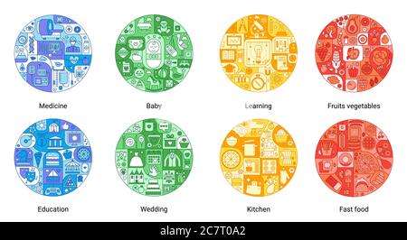 Round color flat line concept of baby, wedding, education, fast food, medicine, kitchen, fruits vegetables, learning. Vintage stroke vector icons set for cover, emblem, badge, flyers, posters Stock Vector