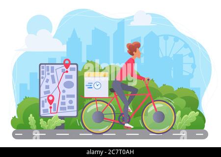Cycle delivery flat vector illustration. Courier on bicycle cartoon character. Ecological express shipping service. Cyclist carrying parcel. Man driving with package. Route, itinerary Stock Vector