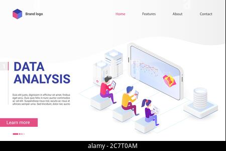 Data analysis and visualization isometric landing page vector template. Usability testing and user experience. Big data, it industry, statistics, web analytics, website traffic webpage design layout Stock Vector