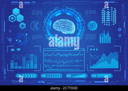 Human brain futuristic medical hologram vector illustration. Brain model screening virtial reality interface. Diagrams, pie chart infographics. vr and ar medicine and healthcare icons Stock Vector