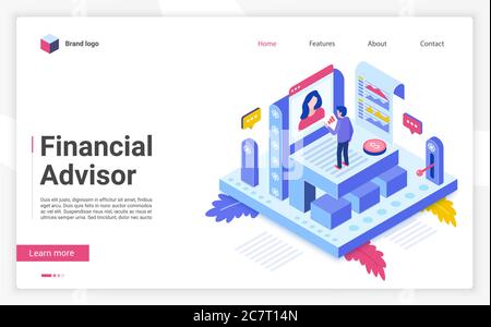Financial advisor vector isometric landing page template. Business strategy website homepage interface layout. Investment advisory, consulting. Budget planning web banner, webpage 3D concept Stock Vector