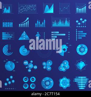 Infographics flat neon light illustrations set. Graph arrow growth color icon. Data analysis, statistics analyzing. Charts, diagrams set vector illustration Stock Vector