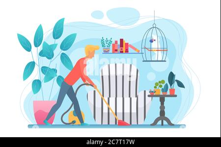 Man doing household chores flat vector illustration. Faceless guy cleaning apartment. Male figure with vacuum cleaner. Ccartoon character tidying up house. Living room interior with pet parrot Stock Vector
