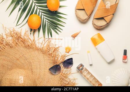 Summer composition with beach accessories on white background Stock Photo