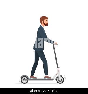 Man on electric scooter flat vector illustration. Male ccartoon character riding ecologically clean urban vehicle. Guy in suit using modern personal transporter. Businessman on e-scooter going to work Stock Vector