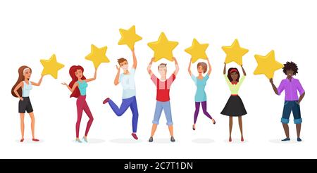 Customer reviews flat vector banner template. Happy users holding golden stars cartoon characters. Customers evaluating performance, services. Consumers positive feedback poster with text space Stock Vector