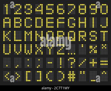 Timetable green alphabet template. Led display uppercase letters, numbers and symbols. Vector digital font. Airport schedule style typeface. Digital scoreboard typeset. Electronic board figure set Stock Vector