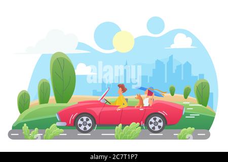 Car travel flat vector illustration. Couple with dog in cabriolet cartoon characters. Man and woman traveling with pet. Family road trip on weekend. Cityscape, skyscrapers. Summer vacation, journey Stock Vector