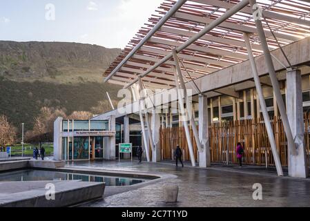 Facade of Scottish Parliament Building in Holyrood area of Edinburgh, capital of Scotland, part of United Kingdom Stock Photo