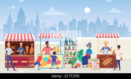 Street food market flat color vector illustration. Outdoor marketplace in megapolis. Vendors and customers. Sellers at shawarma and icecream takeaway stalls. Modern cityscape background Stock Vector