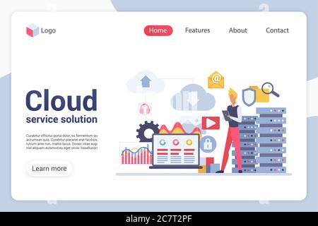 Cloud service solution landing page vector template. Hosting website interface idea with flat illustrations. Data storage homepage layout. Digital library web banner, webpage cartoon concept Stock Vector