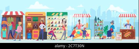 Street clothing and food market flat vector illustration. Cartoon characters buying apparel and accessories at sidewalk marketplace in megapolis. Cheerful vendors at stands. Cityscape background Stock Vector