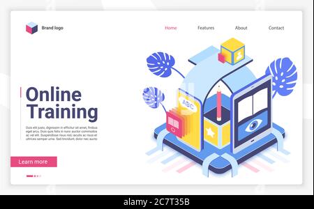Online training vector isometric landing page template. E learning website homepage interface layout. Distant education. Internet courses. Remote studying web banner, webpage 3D concept Stock Vector
