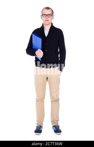 young handsome man student or office worker standing isolated on white background Stock Photo