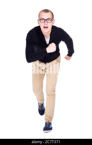 front view of cheerful young man student or office worker running isolated on white background Stock Photo