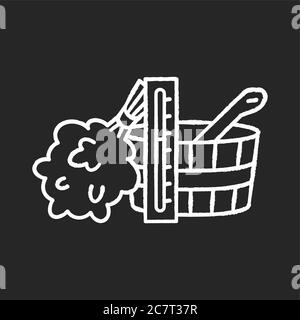 Sauna accessories chalk white icon on black background. Bathhouse relaxation, steam therapy. Banya attributes. Termometer, broom, water bucket and spo Stock Vector