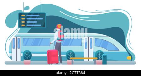 Traveler at railway station flat vector illustration. Tourist with backpack at platform cartoon character. Modern train. Backpacker with suitcase looking at departure board. Vacation, trip, journey Stock Vector