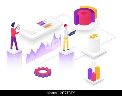 Content marketing isometric vector illustration. Business strategy planning. Infographic overview. Team research. Information distribution. E-commerce and finance. SMM cartoon conceptual design Stock Vector