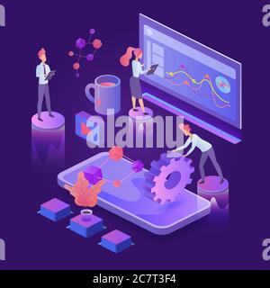 Creative process dark neon isometric vector illustration. Corporate management. Collaboration and partnership. Innovative digital operation. Virtual platform cartoon conceptual design element Stock Vector