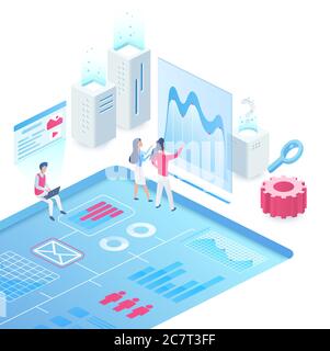 Content marketing strategy isometric vector illustration. Online advertising services. Internet platform to promote company. Data analysis and info chart. SMM cartoon conceptual design element Stock Vector