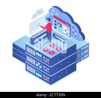 Cloud computing isometric vector illustration. Information storage technology. Server maintenance. Upload and share information service. Digital platform. Database cartoon conceptual design element Stock Vector