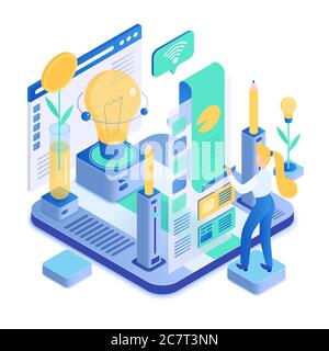 Creative process isometric vector illustration. Imagination and knowledge. Forward thinking. Lighting bulb. Innovative digital platform. Work motivation cartoon conceptual design element Stock Vector