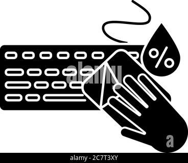 Keyboard cleaning black glyph icon. Wet cleaning, workplace disinfection silhouette symbol on white space. Surface cleaning. Computer keyboard and ant Stock Vector