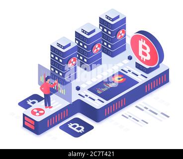 Cryptocurrency isometric vector illustration. Bitcoin transaction. Blockchain system. Finance and business. Currency exchange. Electronic banking. Online wallet cartoon conceptual design element Stock Vector