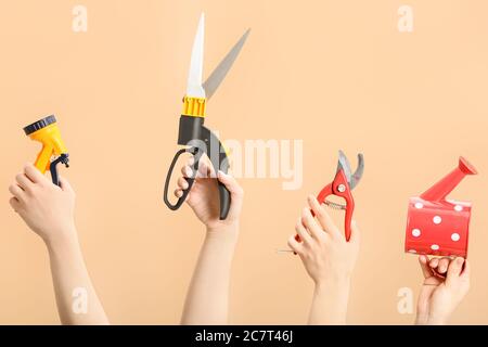 Female hands with gardening tools on color background Stock Photo