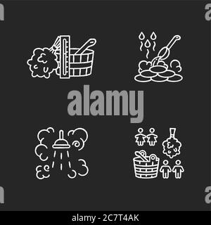 Sauna culture chalk white icons set on black background. Finnish and russian bathhouses accessories, brooms and water buckets. Steam shower, wet sauna Stock Vector