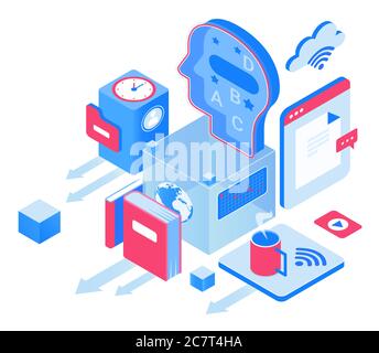 Education and knowledge isometric vector illustration. Webinars and courses. Digital access to information. Artificial intelligence. Online academic platform cartoon conceptual design element Stock Vector