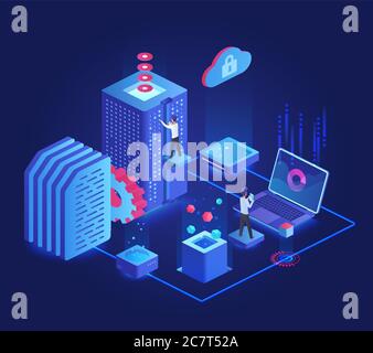 Database dark neon isometric vector illustration. Online server maintenance team. Service administration group. Futuristic cyberspace technology. Cloud datacenter cartoon conceptual design element Stock Vector