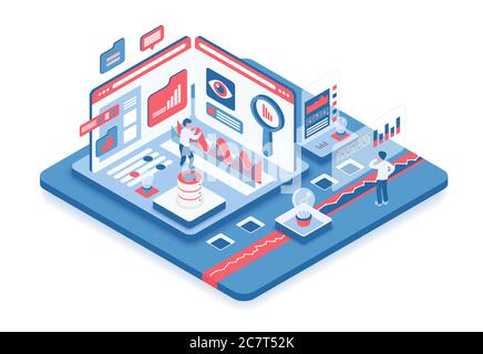 Data analysis isometric vector illustration. Information processing. Online digital platform. Virtual technology for data evaluation. Infographic review. Company cartoon conceptual design element Stock Vector