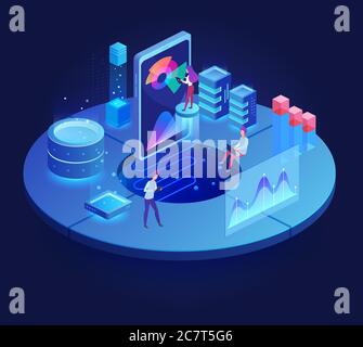 Digital technology dark isometric vector illustration. Mobile development. Teamwork on corporate project. Optimization and productivity. Innovative virtual platform cartoon conceptual design element Stock Vector